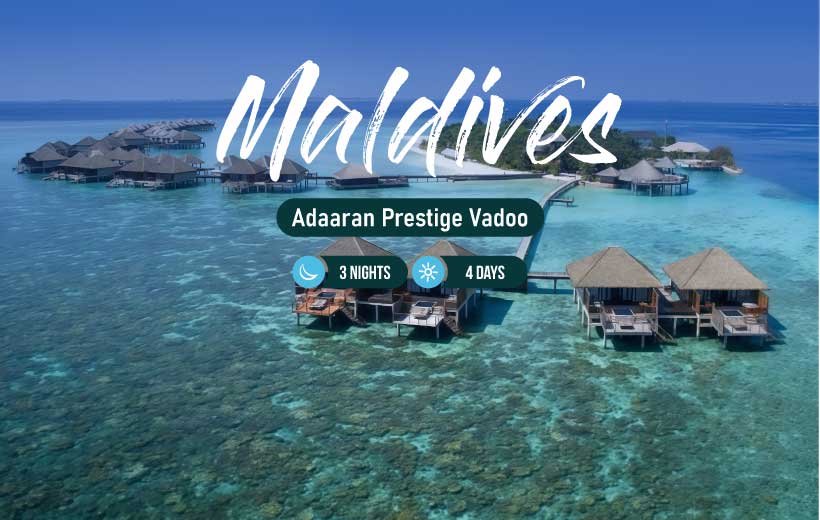 Explore iCom Blue & Adaaran Prestige Vadoo in our 3-nights & 4-days Maldives package.